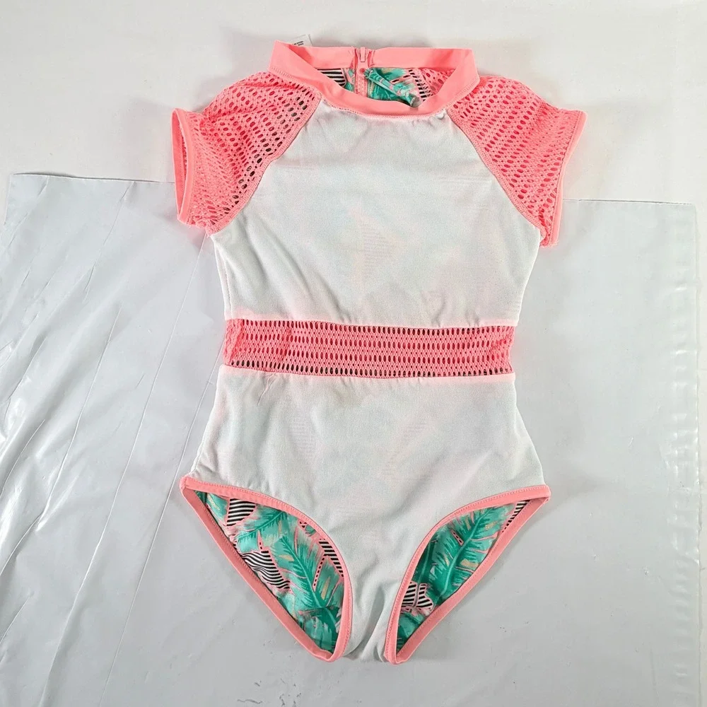 Girls Palm‎ Leaf One Piece Rash Guard Swimsuit Pink Mesh Green